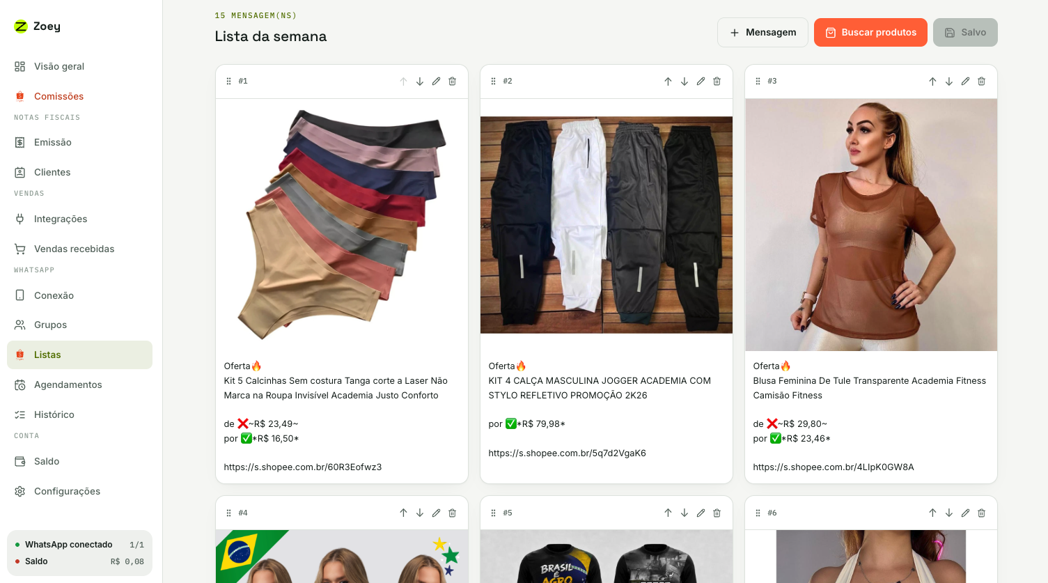 Lista de disparo com produtos da Shopee prontos para enviar