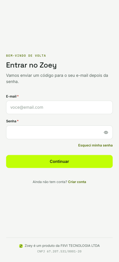 Tela de login da Zoey aberta no celular