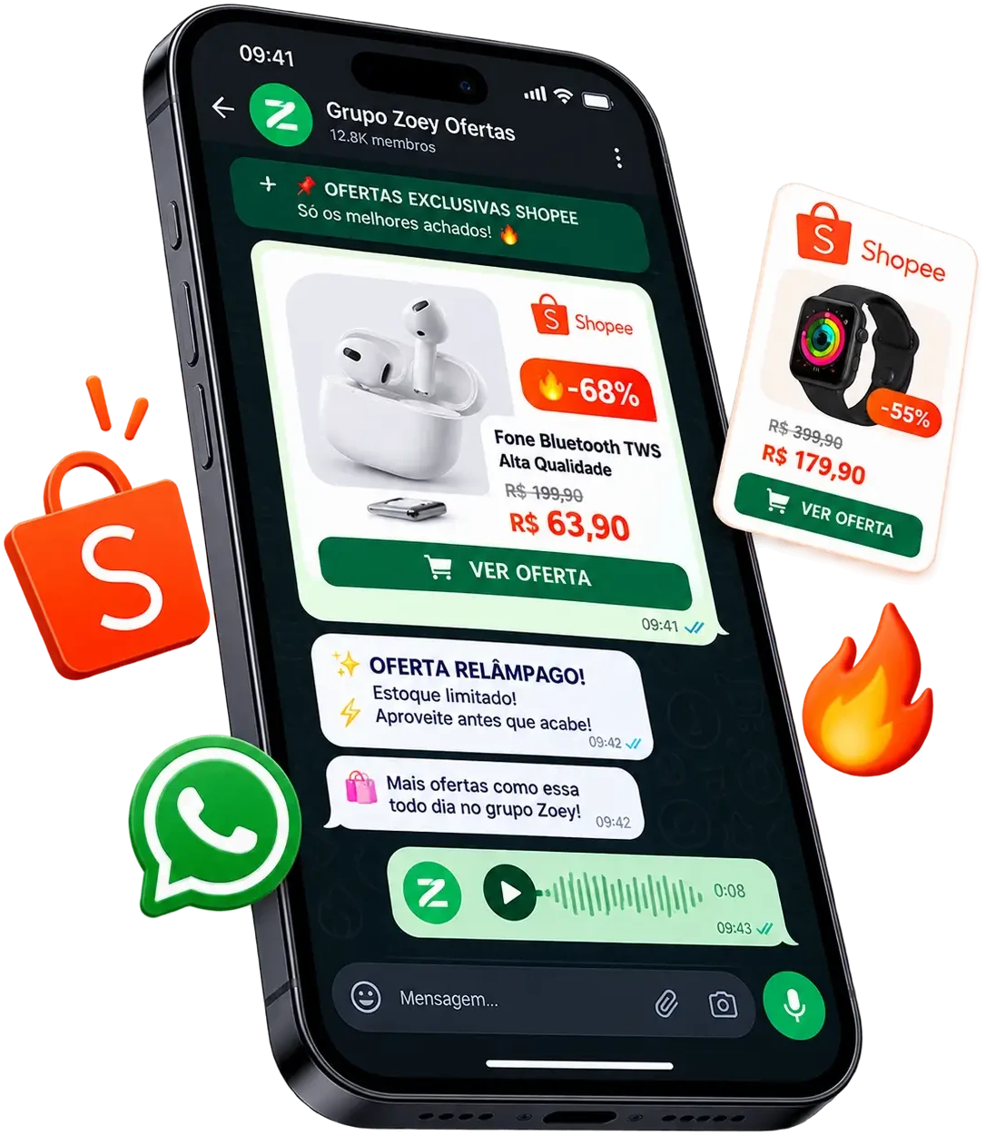 Oferta da Shopee pronta pra disparar, com link de afiliado, no WhatsApp